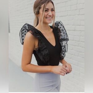 Flying Tomato Black Ruffle Sleeve Bodysuit